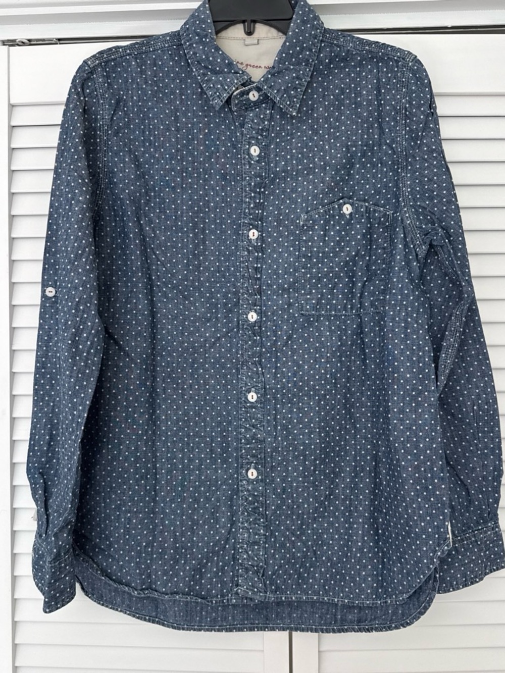 Anthropologie Imagine Green Wood Cotton Polka Dot Denim Shirt